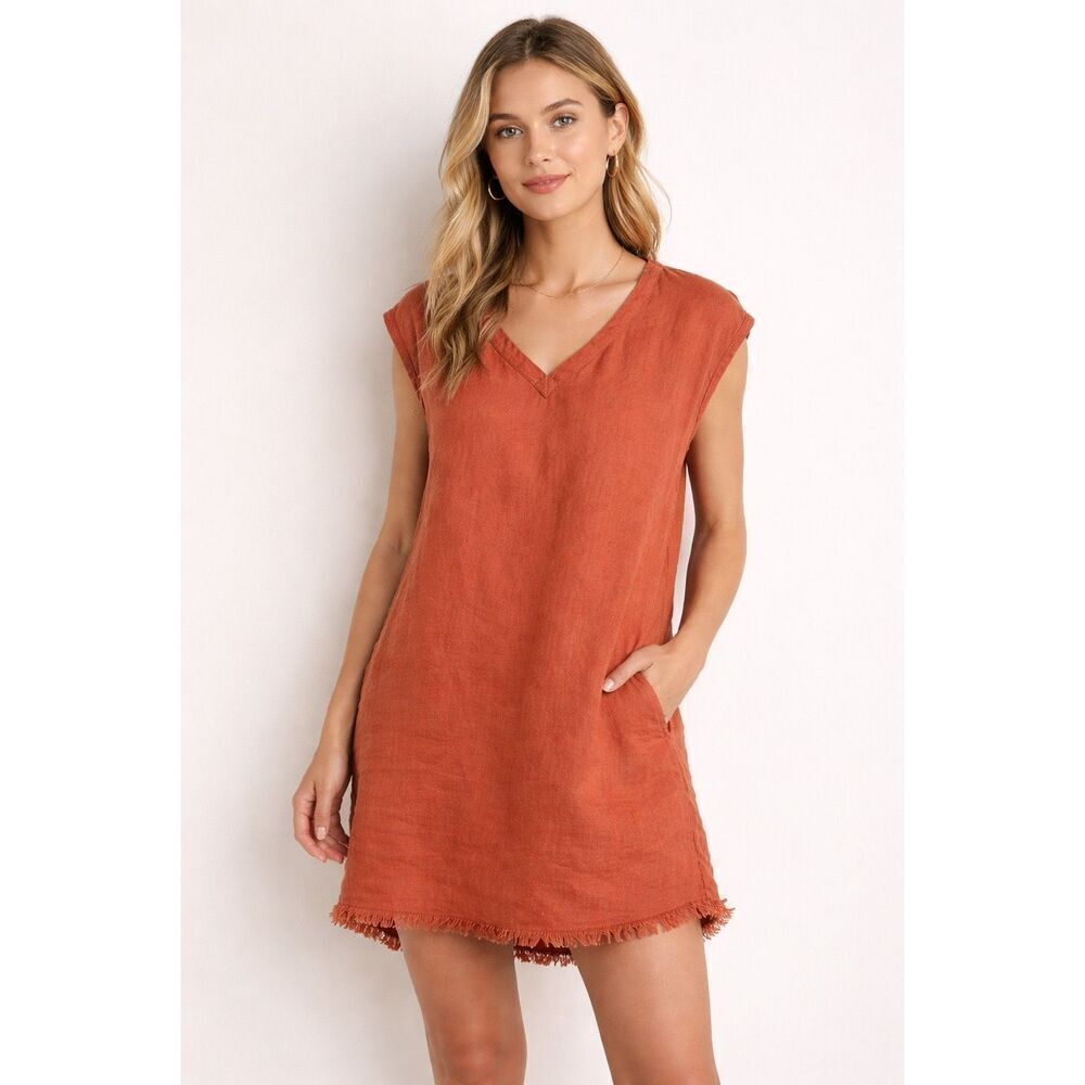 The BLD Linen Tunic Dress Rust Orange Sleeveless Frayed Hem Small